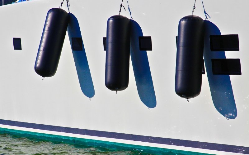 The side view of a white super yacht with a blue stripe, portholes, and three dark blue fenders attached to the yacht