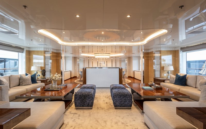 Luxury yacht interior and exterior design by AMK Architecture & Design, showcasing modern bespoke spaces, elegant cabins, premium materials, and high-end outdoor leisure areas.
