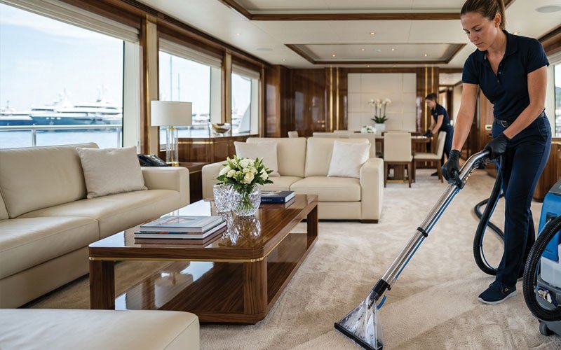 Professional carpet vacuum cleaning service inside luxury yacht by Aqua Steam Clean