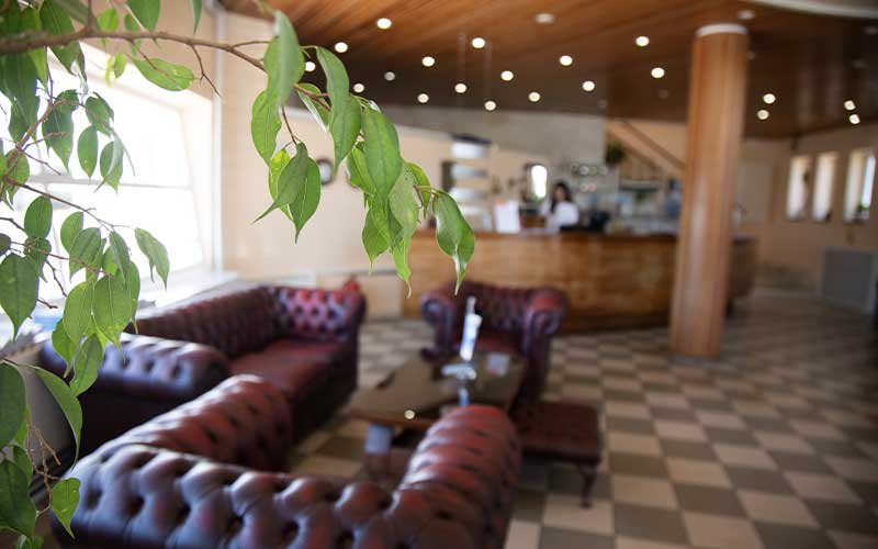 The reception of Marina Betina with leather furniture and a curved wooden structure in the background