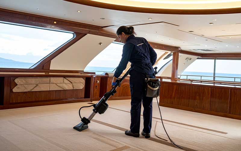 Crystal Clean worker deep‑cleaning yacht flooring with advanced steam cleaning machine.