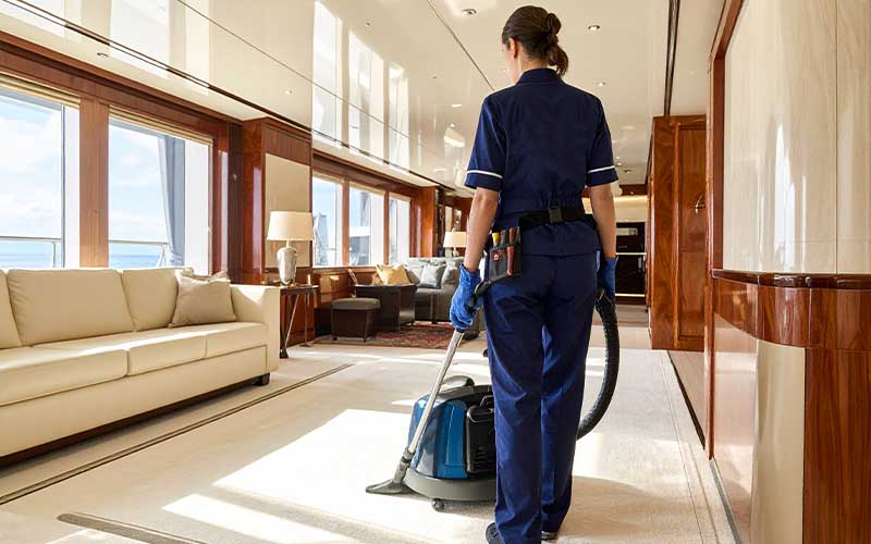 Crystal Clean professional maintaining spotless yacht lounge with natural light and ocean view.