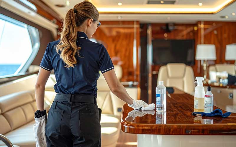 Crystal Clean specialist sanitizing wooden surfaces in yacht interior for premium finish.