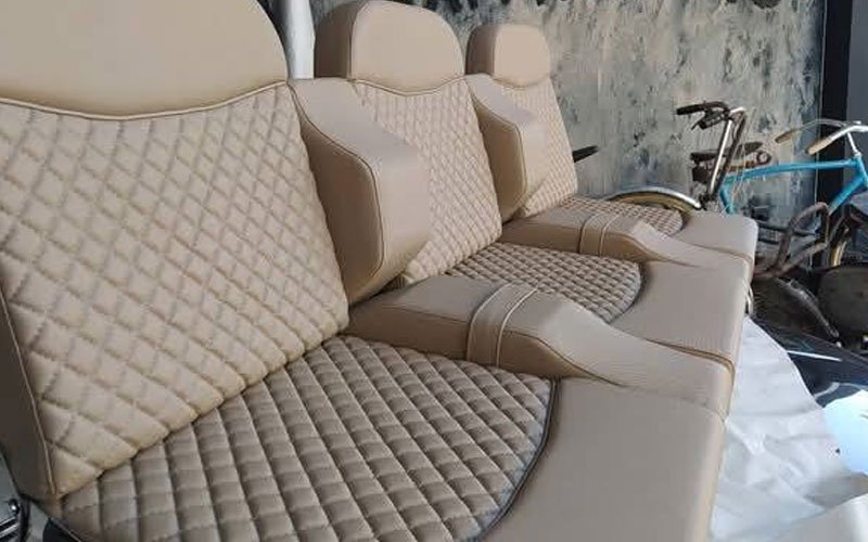 Close-up of premium leather upholstery on a yacht’s exterior seating, handcrafted by Dermavamvakakis