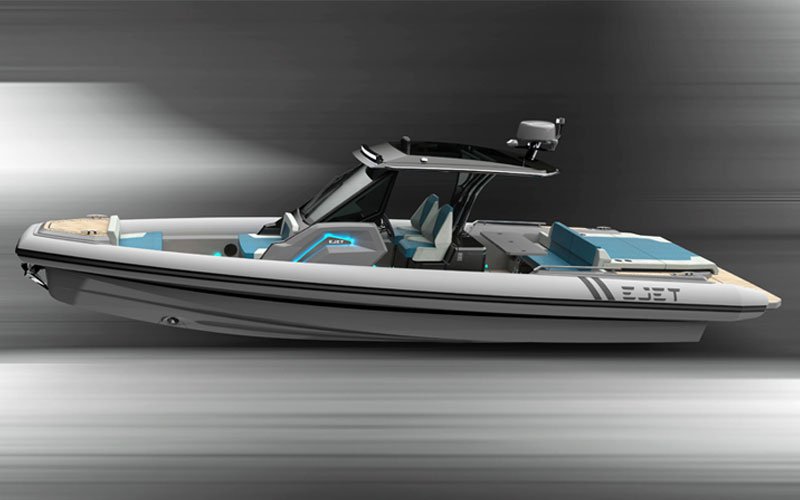 Rendered side view of the Ejet electric speedboat on a grey background, showcasing its modern design and layout in a technical illustration style.