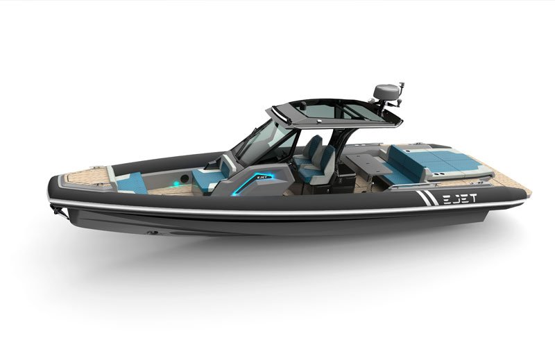 Rendered side view of the Ejet electric speedboat on a white background, showcasing its modern design and layout in a technical illustration style.