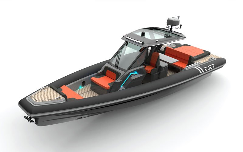 Rendered side view of the Ejet electric speedboat on a white background, showcasing its modern design and layout in a technical illustration style.