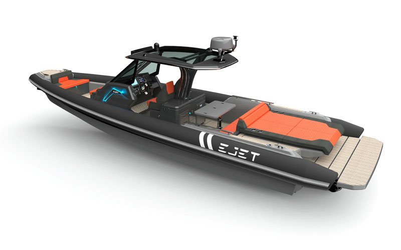 Rendered side view of the Ejet electric speedboat on a white background, showcasing its modern design and layout in a technical illustration style.