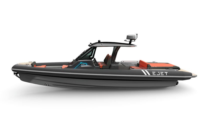 Rendered side view of the Ejet electric speedboat on a white background, showcasing its modern design and layout in a technical illustration style.