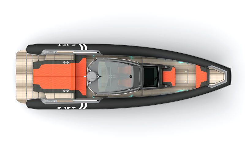 Rendered side view of the Ejet electric speedboat on a white background, showcasing its modern design and layout in a technical illustration style.