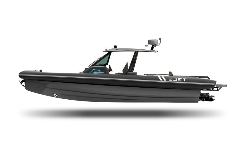 Rendered side view of the Ejet electric speedboat on a white background, showcasing its modern design and layout in a technical illustration style.