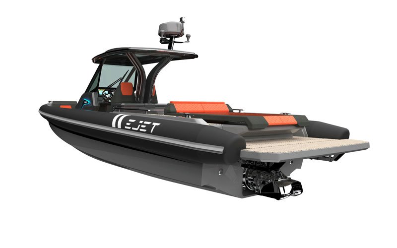 Rendered side view of the Ejet electric speedboat on a white background, showcasing its modern design and layout in a technical illustration style.