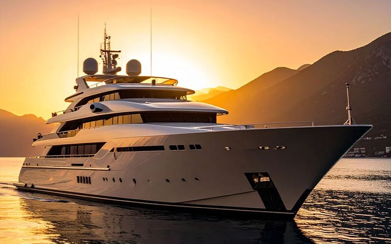Modern white superyacht cruising on calm waters during sunset with mountains and golden light in the background.