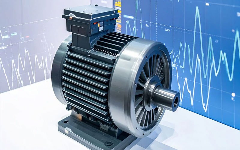 High-performance industrial electric motor with digital performance graph overlay, symbolizing advanced marine engineering systems.