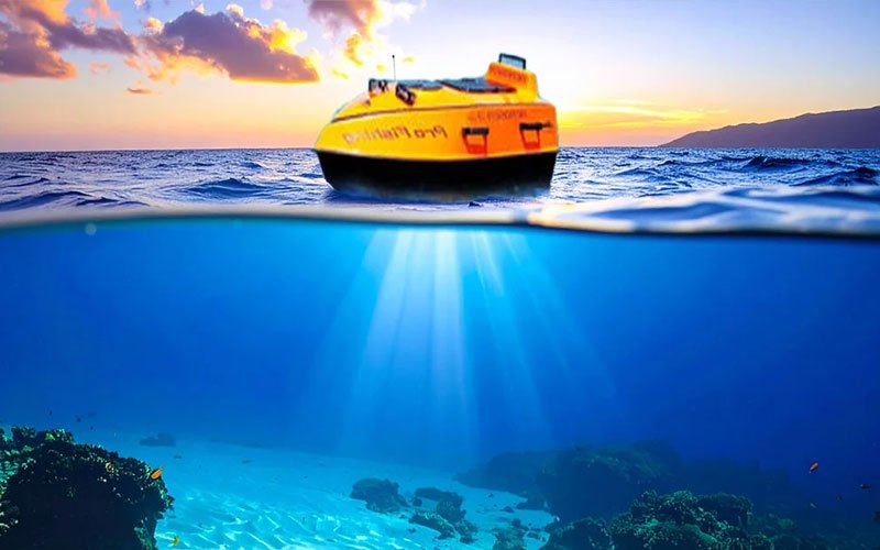 Autonomous surface vessel traveling across clear ocean water with a split above-and-below sea view showing the underwater environment.
