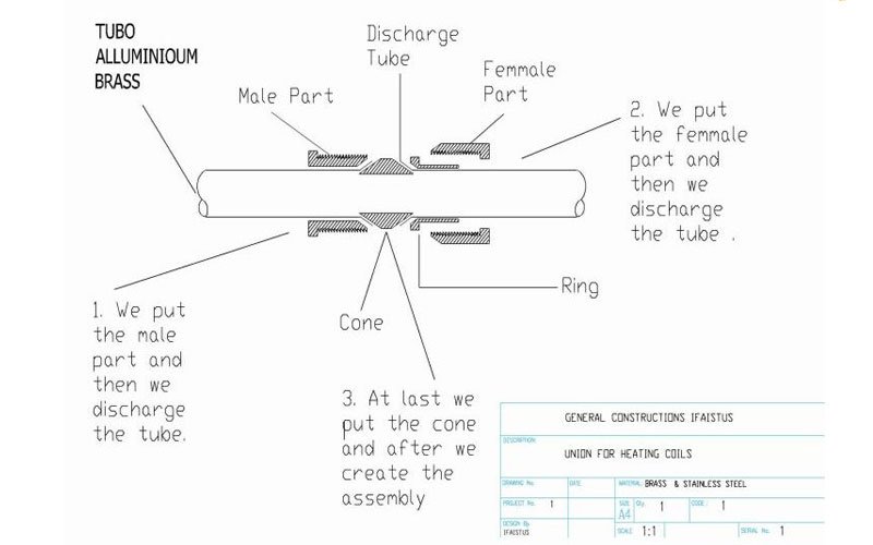 Technical engineering drawing of metal tube fitting assembly by General Constructions Ifaistus