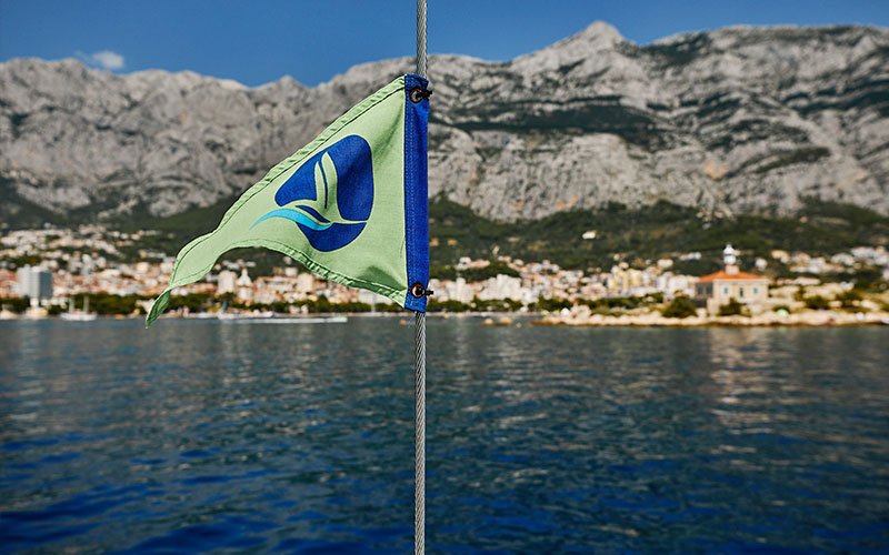 The flag of Green Sail at a beach and sea at the background.