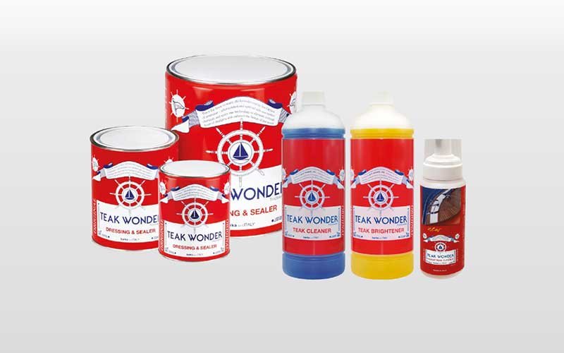 A variety of Teak Wonder marine wood care products including Dressing & Sealer in different sizes, Teak Cleaner, Teak Brightener, and a Teak Wonder spray bottle.