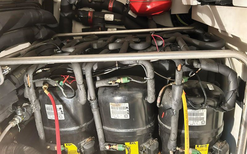 Yacht engine room equipment, marine air conditioning, refrigeration units, desalination systems, pumps, and technical installations by MARINAKIS Marine Services, experts in marine maintenance, repair, and system installation for luxury yachts.