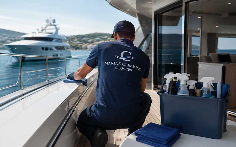 Professional cleaner in uniform wiping down the exterior deck rail of a yacht with cleaning supplies nearby.