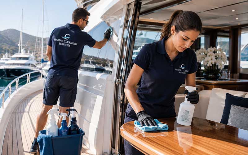 Two crew members wearing dark blue uniforms cleaning and polishing surfaces on a luxury yacht deck.