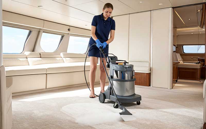 Professional cleaner using an industrial carpet extractor machine on a yacht carpet inside a bright cabin.