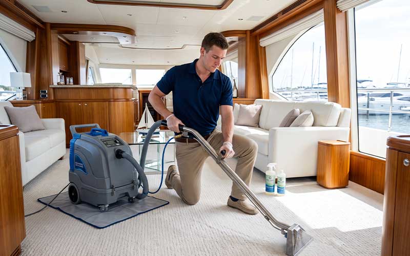 Professional cleaner performing deep steam cleaning on a plush carpet in a luxury yacht interior.