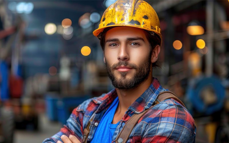 engineer in work uniform and helmet standing in front of construction site