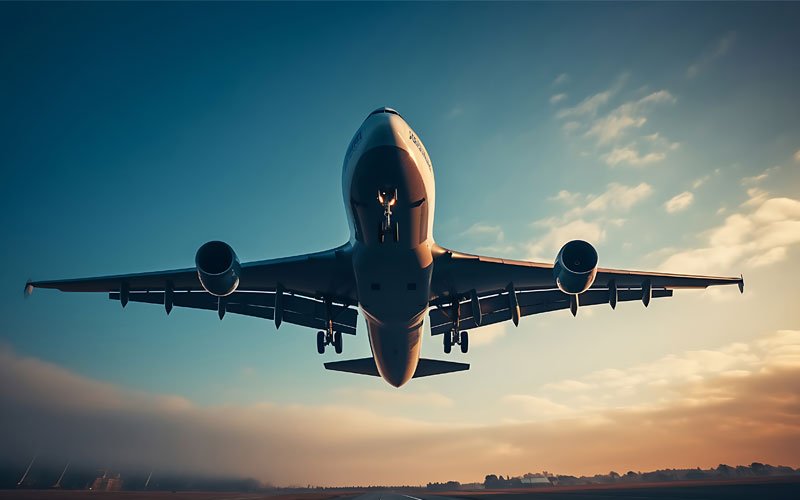 plane rising in the sky, which is in blue and orange colors
