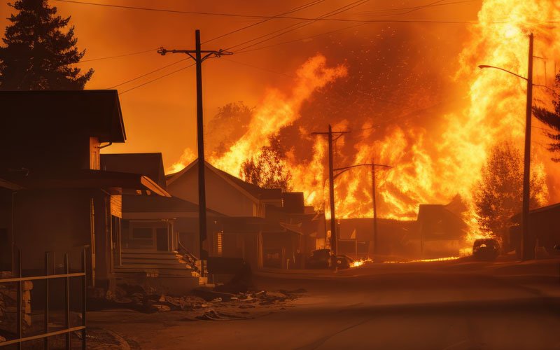 road and burning house