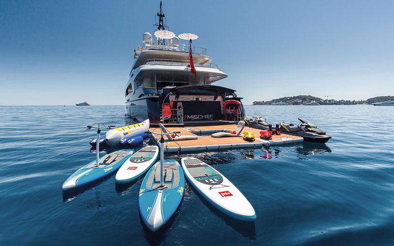 Inflatable modular platforms by NAUTIBUOY MARINE, creating extra space on the water for relaxing, watersports, and yacht-side leisure.