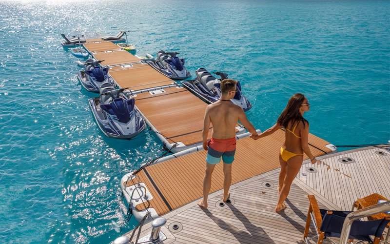 Inflatable modular platforms by NAUTIBUOY MARINE, creating extra space on the water for relaxing, watersports, and yacht-side leisure.