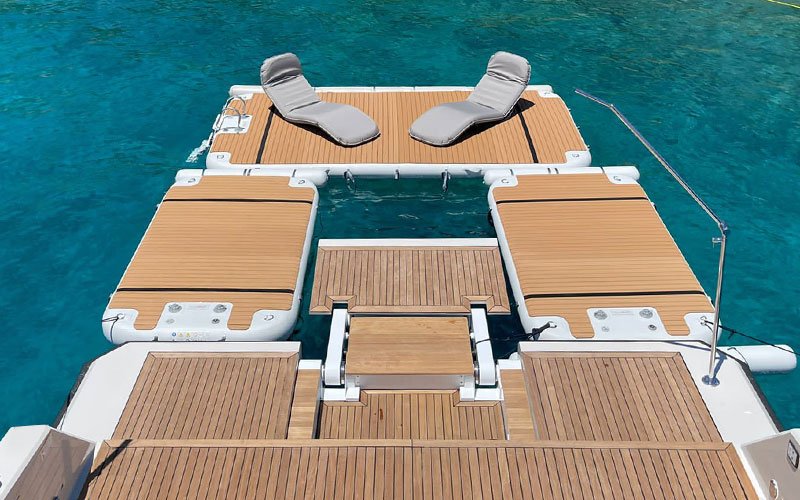 Inflatable modular platforms by NAUTIBUOY MARINE, creating extra space on the water for relaxing, watersports, and yacht-side leisure.