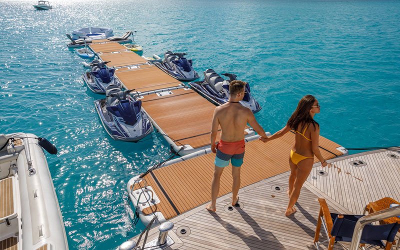 Inflatable modular platforms by NAUTIBUOY MARINE, creating extra space on the water for relaxing, watersports, and yacht-side leisure.