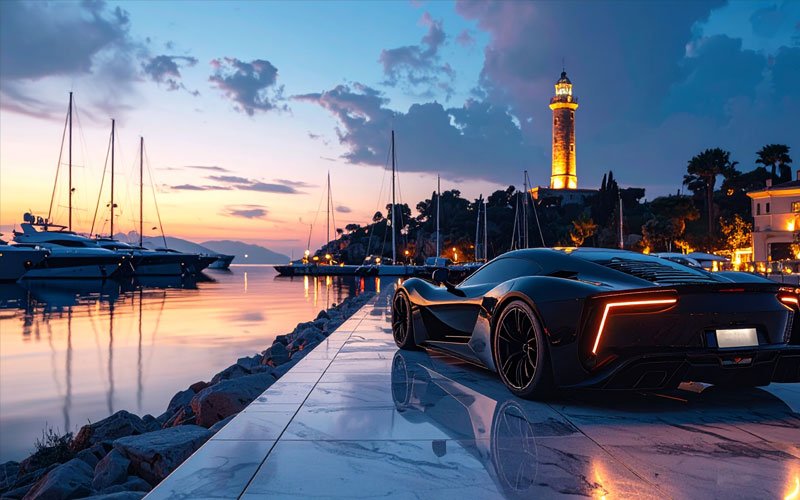 Luxury vehicle arriving at an exclusive waterfront venue in Greece with professional valet parking by PRO Parking Valet
