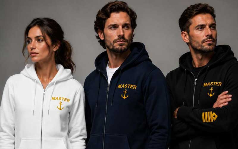 SEA DIAMOND CREW COMPANY branded crew hoodies and premium uniforms for yacht professionals in white and navy colors.