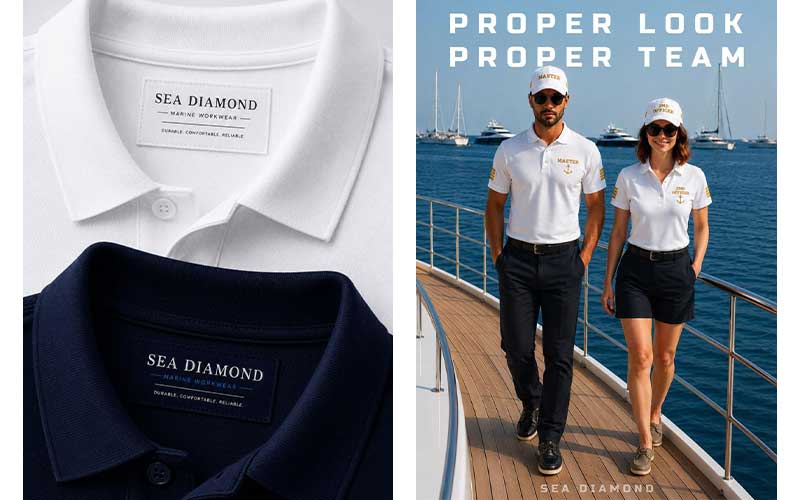 SEA DIAMOND CREW COMPANY embroidered white and navy polo shirts with premium marine crew branding and elegant finish.