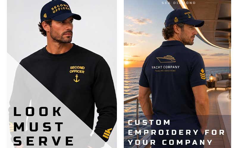 SEA DIAMOND CREW COMPANY black crew sweatshirt with embroidered logo designed for luxury yacht crew uniforms.