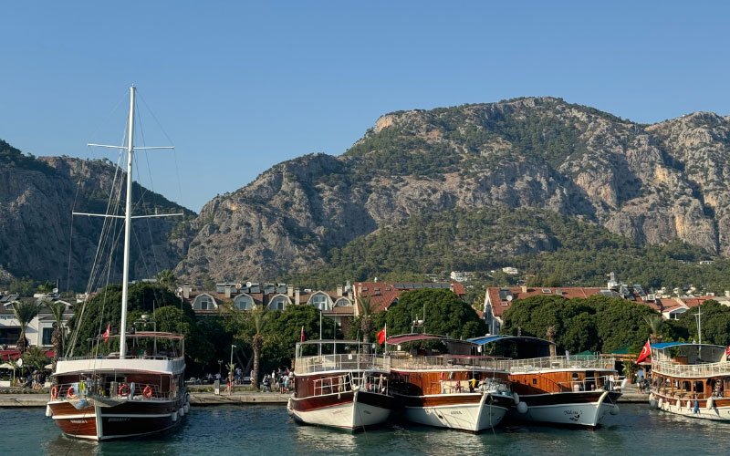 Wooden traditional boats moored in a row along the shore, with a backdrop of a road, charming houses, and a towering mountain