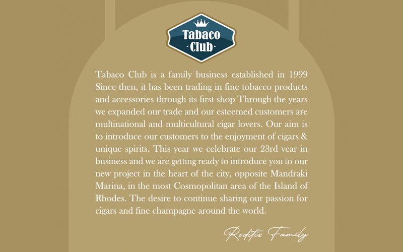 Promotional poster for Tabaco Club describing its history since 1999, its multinational clientele, and a new project in Rhodes. The message is signed by the Roditis Family and features the Tabaco Club logo at the top.