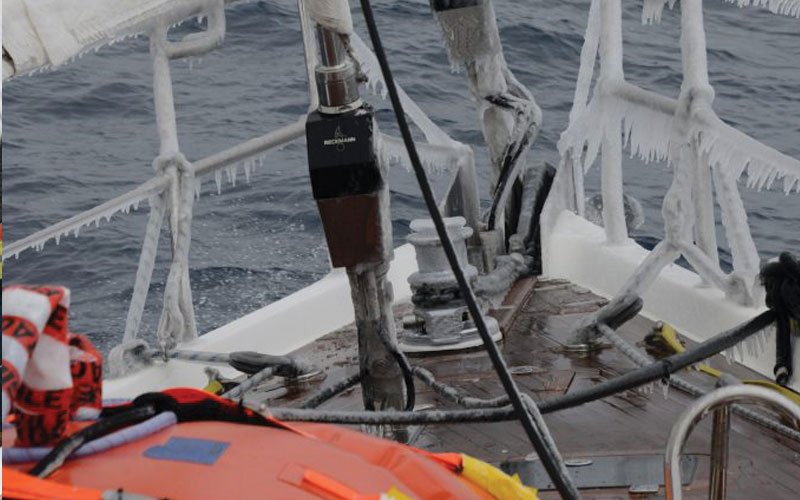 Sailing yacht equipped with Turtle-Pac flexible bladder tanks and liferaft gear, crew handling marine safety equipment during offshore sailing in rough seas and polar environments.