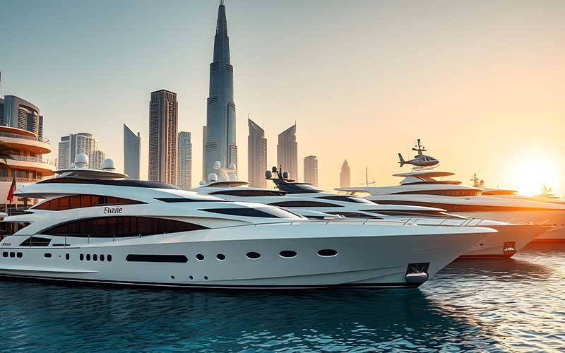 Luxury yachts docked in a marina at sunset with the Burj Khalifa and modern skyscrapers in the background, Dubai skyline.