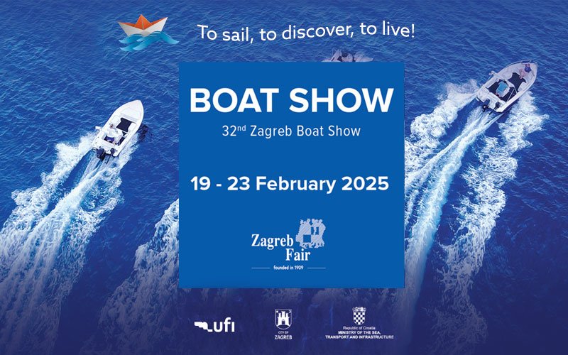 Promotional image for the 32nd Zagreb Boat Show, featuring three speedboats creating white wakes on a deep blue sea