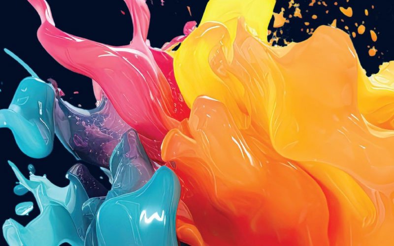 Various paint colors mix in the air, creating a vibrant splash effect with dynamic, swirling patterns and droplets suspended mid-motion